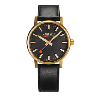 Orologio Mondaine evo2 40 mm dorato con quadrante nero e cinturino in pelle