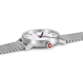 Mondaine Evo2 automatico 40 mm acciaio dettaglio corona rossa