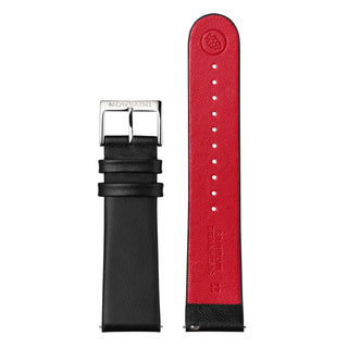 Cinturino Mondaine originale 22 mm in ecopelle nera con interno rosso e fibbia lucida