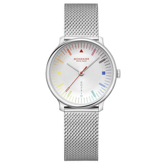 Orologio Mondaine Doppio Bauhaus Inspired 33 mm con quadrante argenté, indici multicolore ispirati al Bauhaus, lancetta dei secondi rossa e bracciale milanese in acciaio inox.