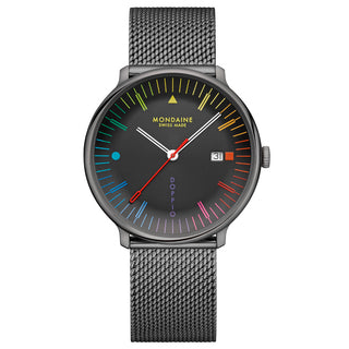 Orologio Mondaine Doppio Bauhaus Inspired con quadrante nero, indici multicolore ispirati al Bauhaus, lancetta dei secondi rossa e bracciale milanese antracite.