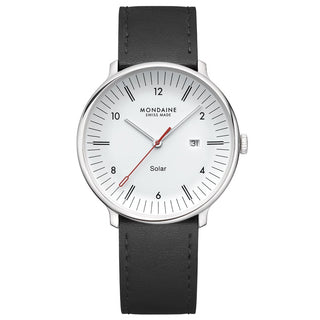Orologio Mondaine Doppio con movimento al quarzo solar, quadrante bianco, cinturino nero, swiss made
