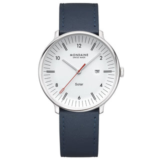 Orologio Mondaine Doppio Solar 41 mm quadrante bianco e cinturino blu